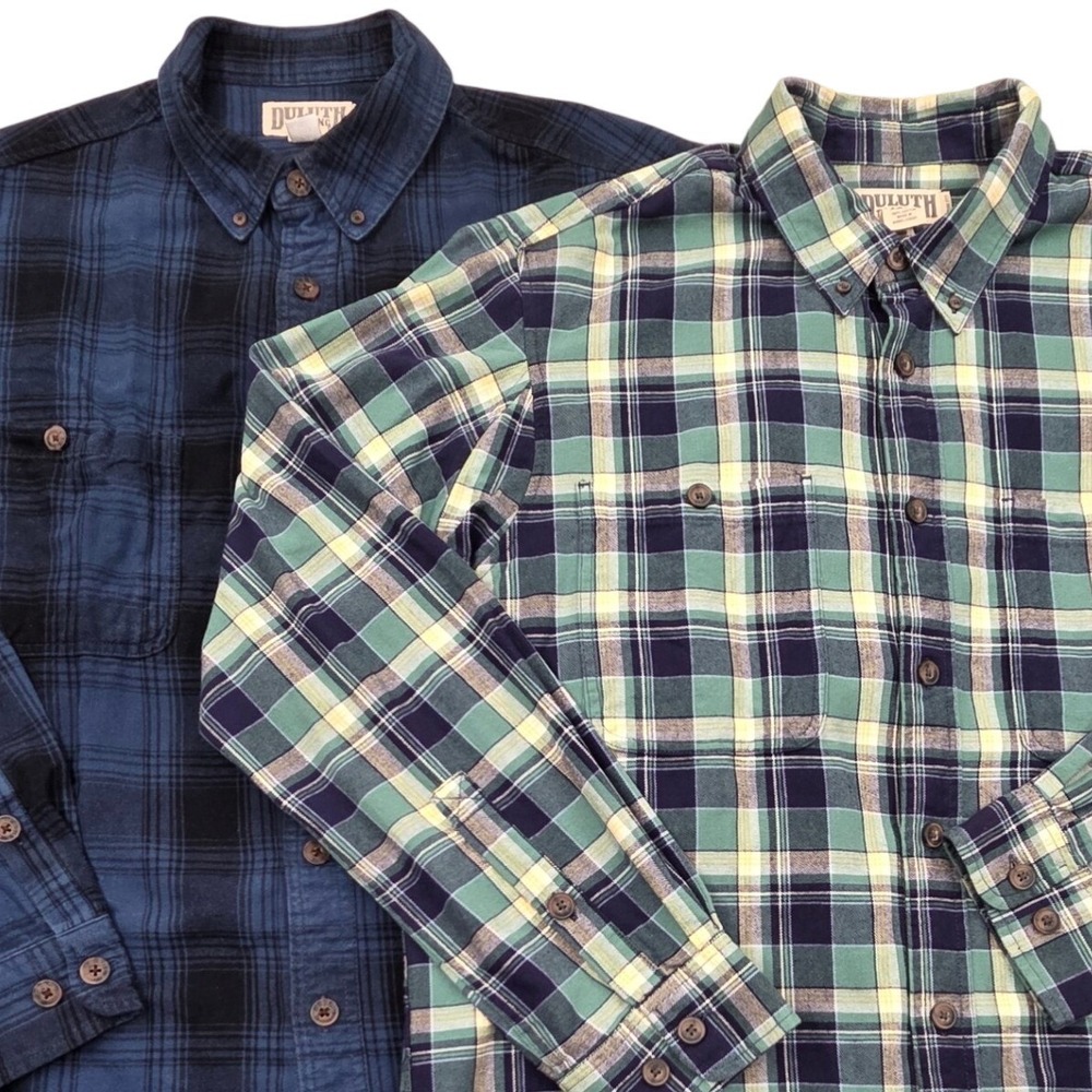 Lot of 2 Duluth Mens XL Tall Free Swingin Flannel Shirts Plaid Blue Green Cotton